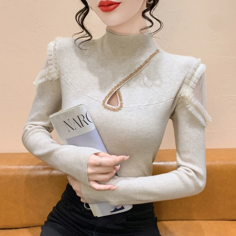 实拍性感镂空钉珠半高领毛衣女秋冬季修身时尚网纱拼接长袖针织衫