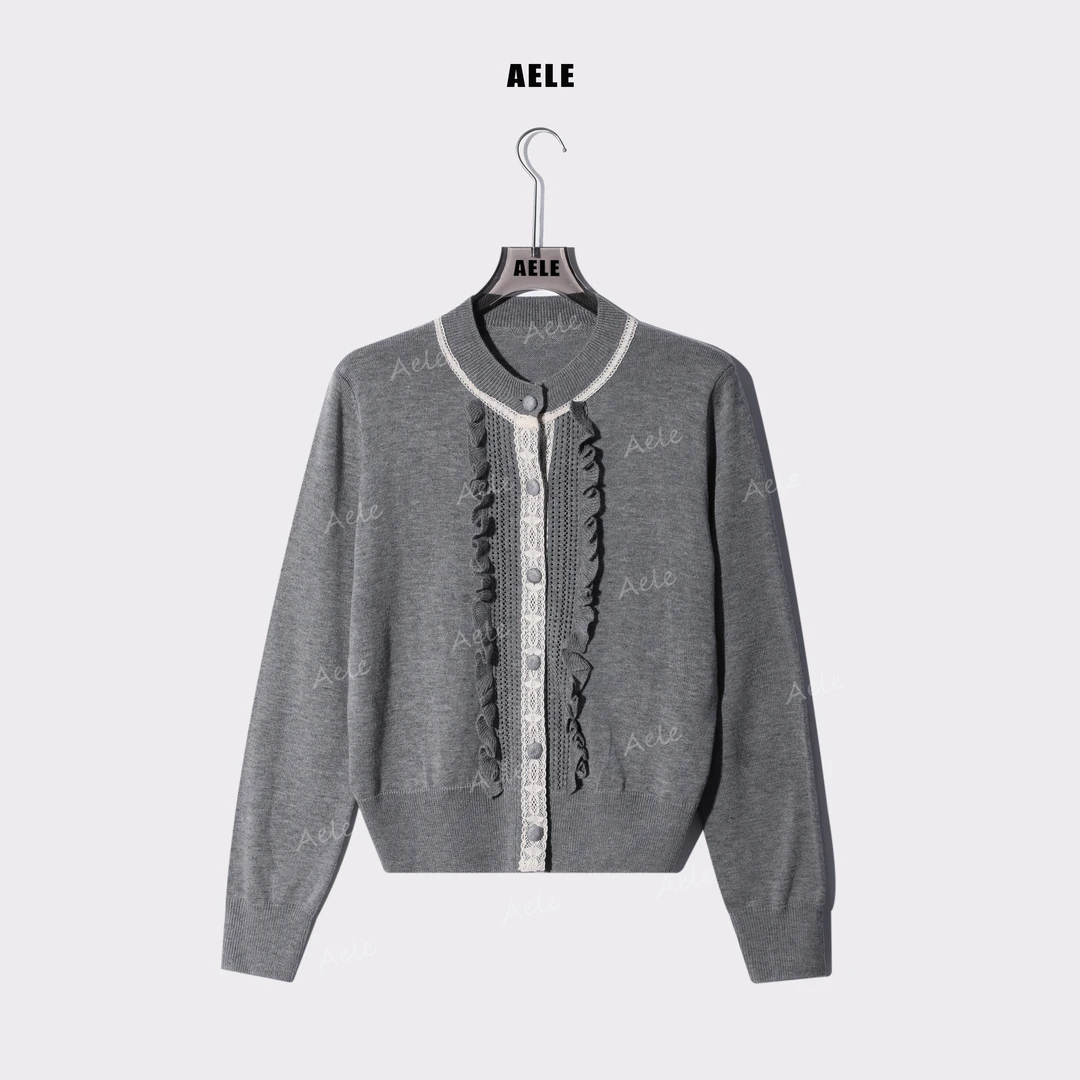 AELE圆领蕾丝边设计长袖短款毛衣针织开衫 X853 3191 AD