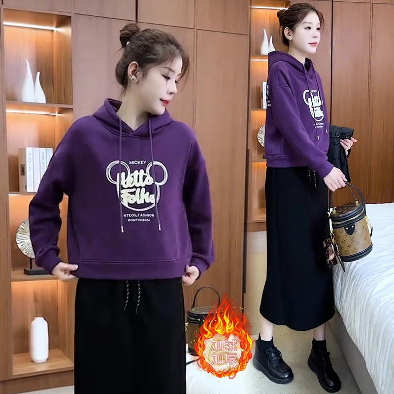 拉夏贝尔加绒加厚连帽卫衣女2025年秋冬新款时尚宽松保暖休闲上衣