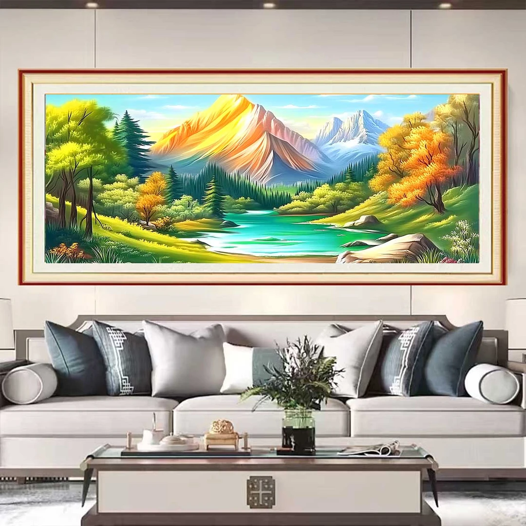 禧洋洋新款金山银山流水生财40十字绣客厅2025满绣线绣手工山水画