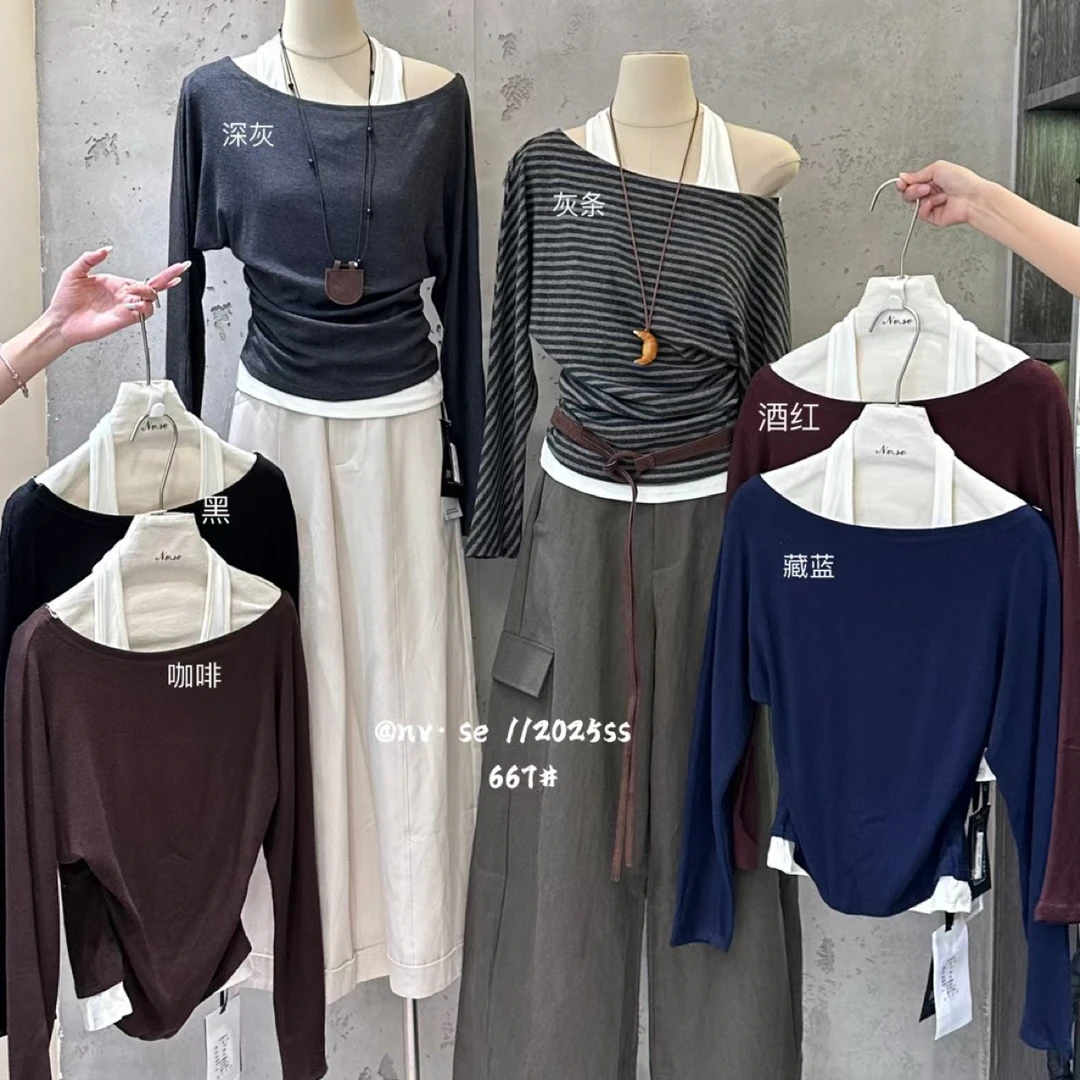女色667秋季新款韩版纯色斜肩拼接假两件上衣修身显瘦百搭设计T恤