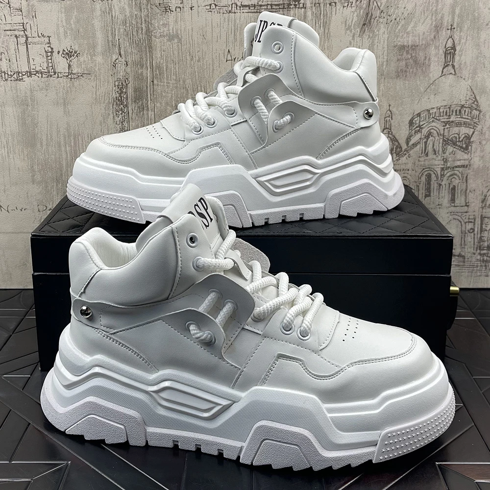 白色高帮潮男潮流百搭小白鞋春季新款短靴内增高休闲板鞋男马丁靴