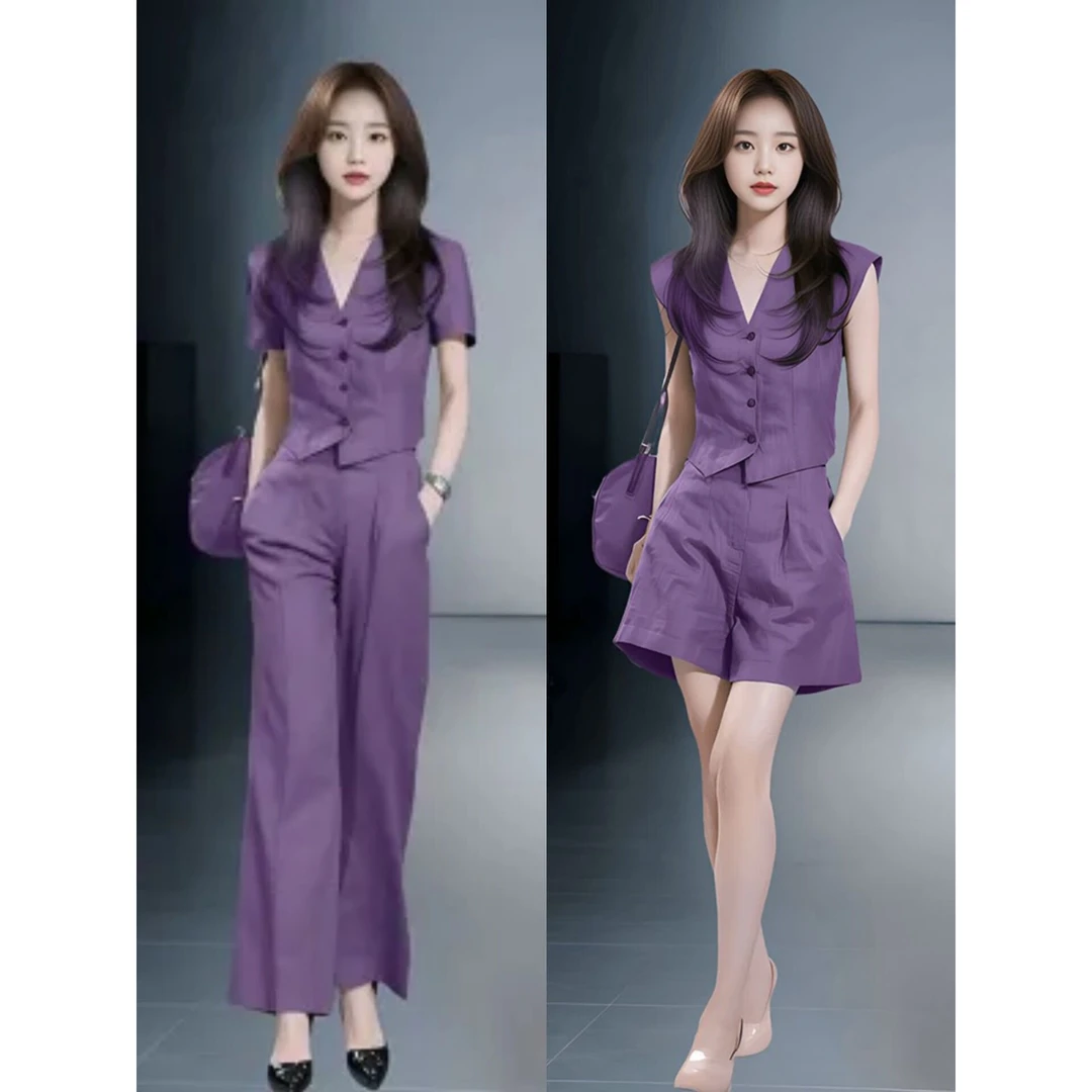 时尚套装女夏季新款洋气质显瘦V领无袖上衣阔腿裤两件套