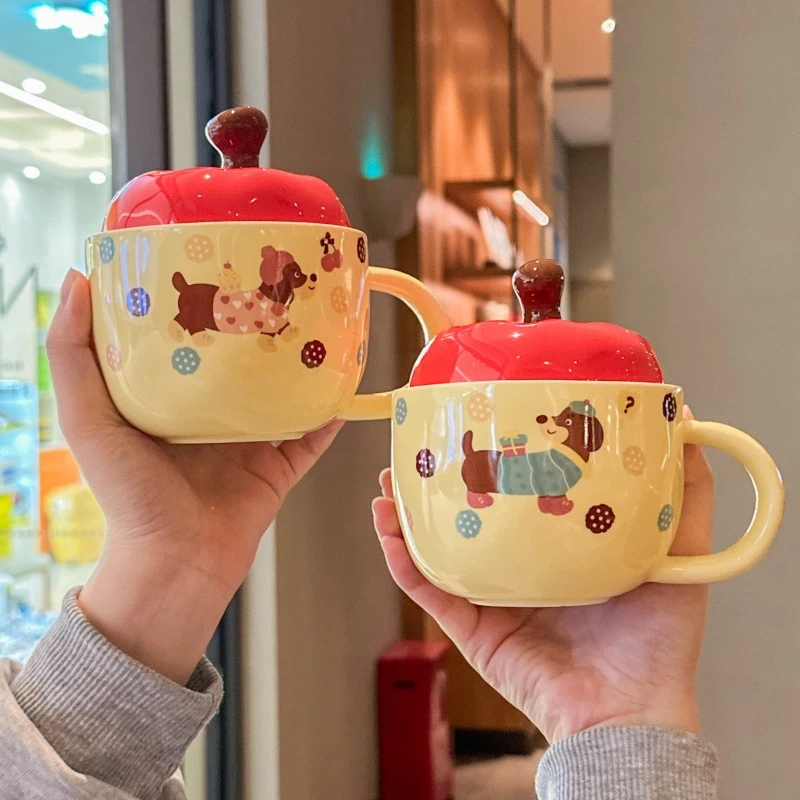 可爱苹果腊肠狗女士陶瓷马克杯带盖办公室牛奶咖啡杯情侣喝水杯