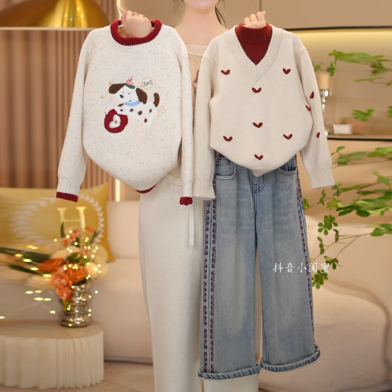 【闺蜜家】女童冬季2025新款时尚卡通打底毛衣+加绒牛仔裤套装-9134