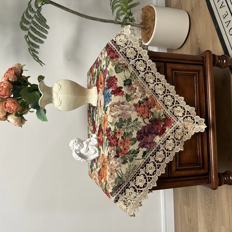 拍一发二美式田园复古风花卉蕾丝边床头柜盖巾棉麻床头柜盖巾