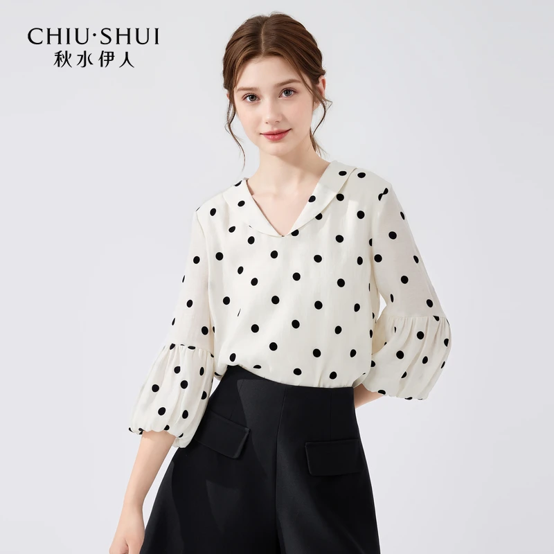 【品牌折扣】秋水伊人莱赛尔天丝波点衬衫时尚百搭宽624225M060798