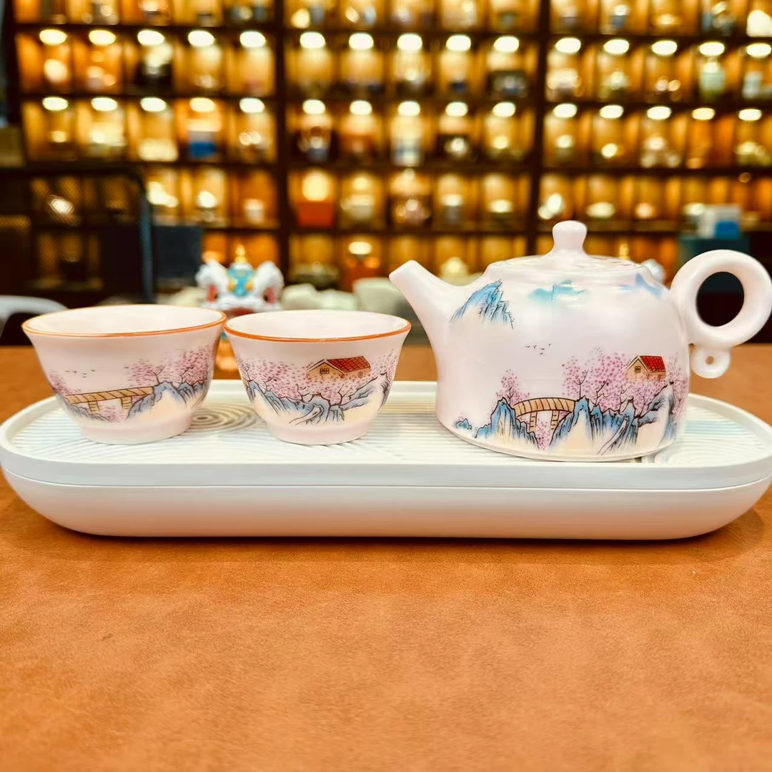 ZH1747-粉汝村野窑壶+2个粉汝村野品茗杯+密胺白色小茶盘