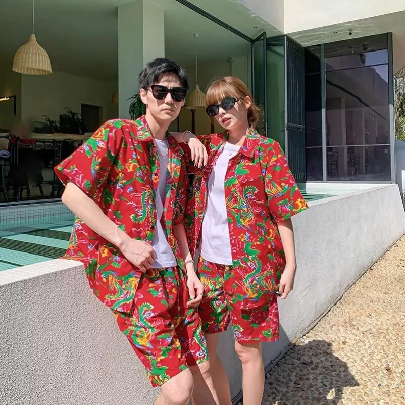 东北大花套装男士情侣款夏季2025新款碎花短裤衣服短袖衬衫一套