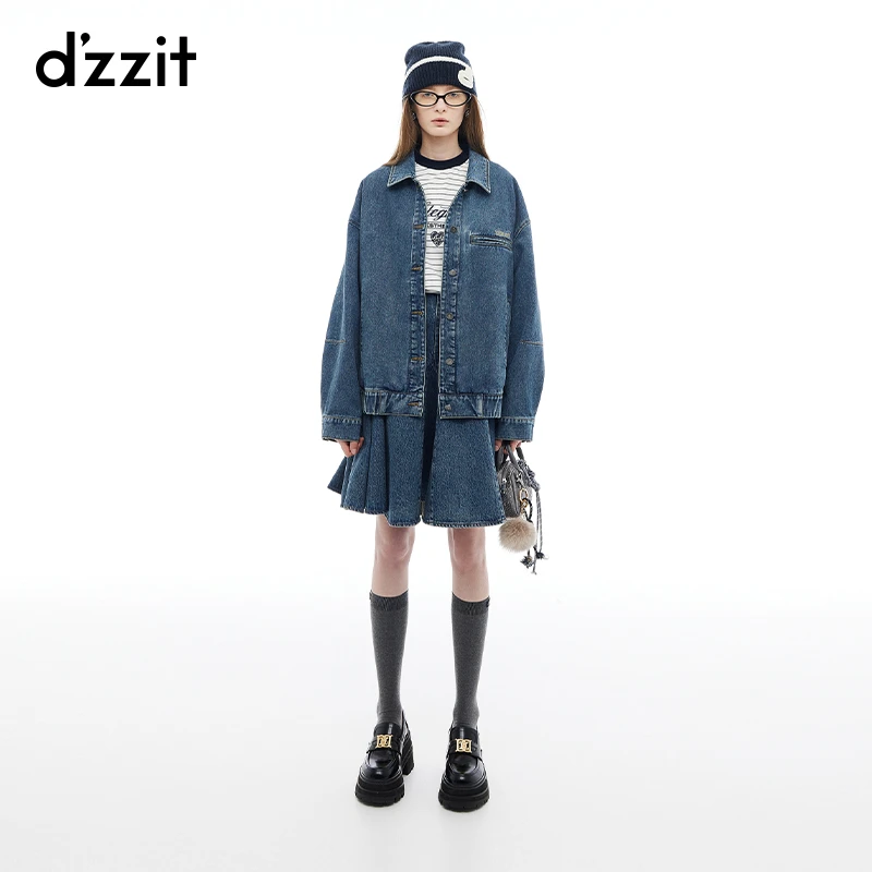 dzzit地素牛仔外套丹宁风宽松廓形棉质贴布绣设计翻领女3I4RD03