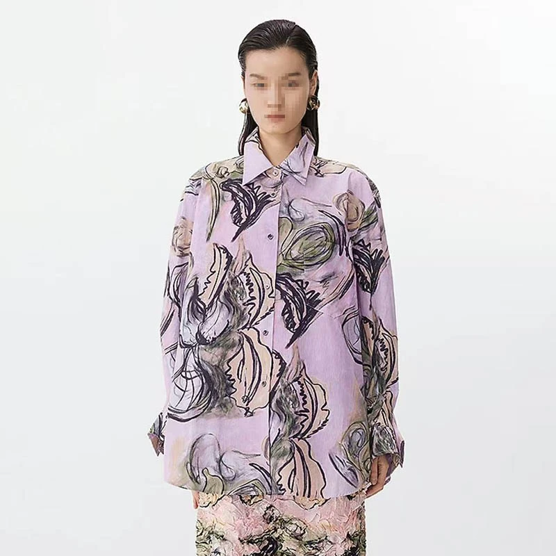 Y601-Y700 春夏新品时尚宽松衬衫浪漫花卉涂鸦上衣女