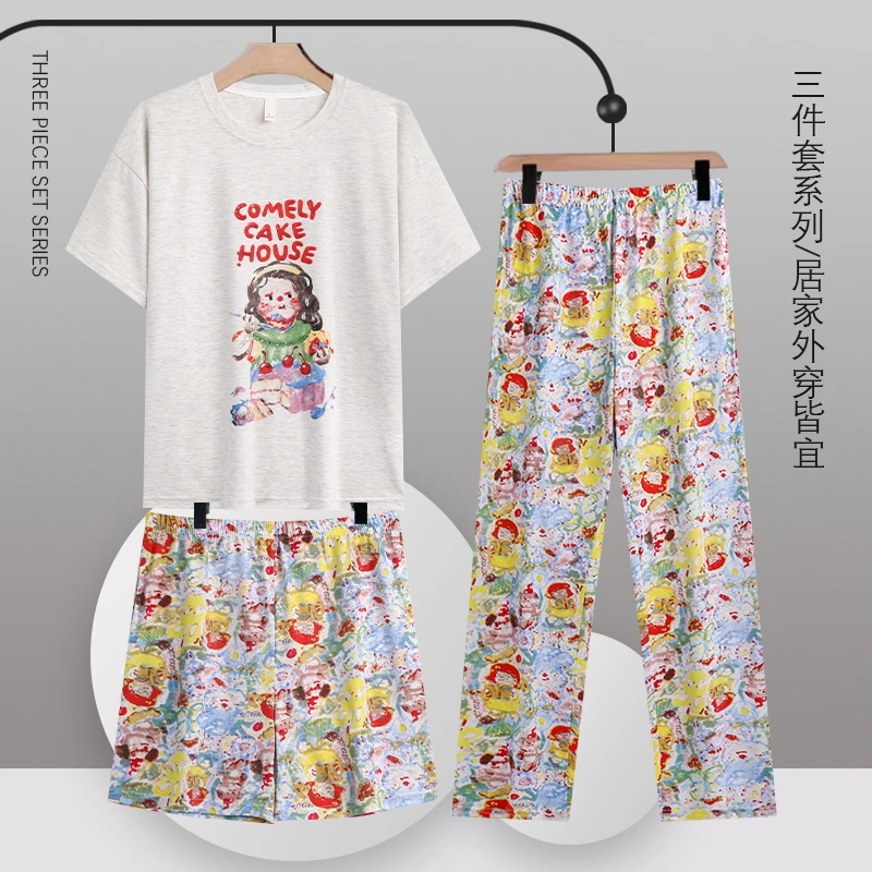 三件套睡衣女夏天纯棉短袖短裤可爱长裤大码可外穿薄款家居服网红
