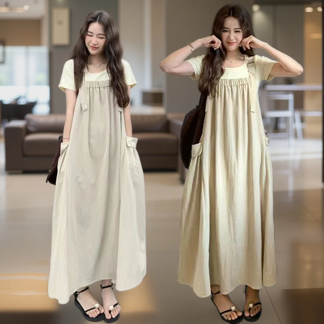 夏季小个子孕妇裙套装韩版慵懒风减龄背带裙短袖上衣连衣裙两件套