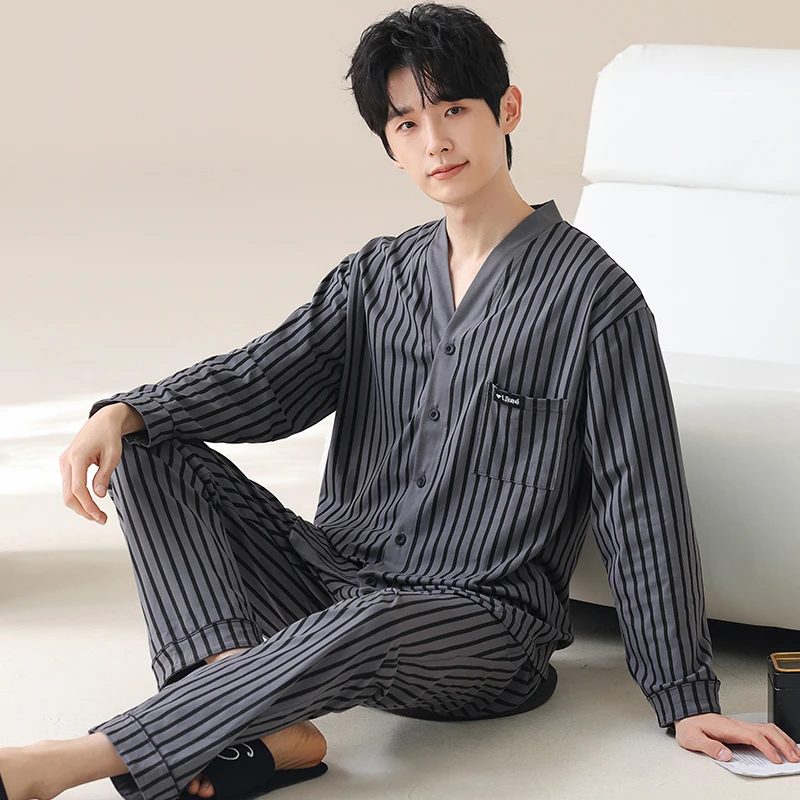 睡衣男士春秋季纯棉长袖开衫V领家居服可外穿秋冬薄款大码两件套