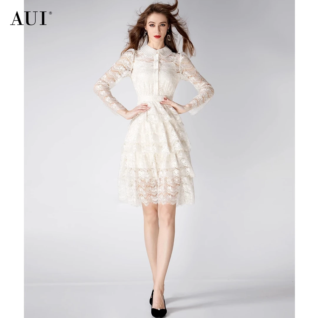 【粉丝专享】AUI杏色蕾丝长袖显瘦气质POLO领连衣裙XX-24Q014794