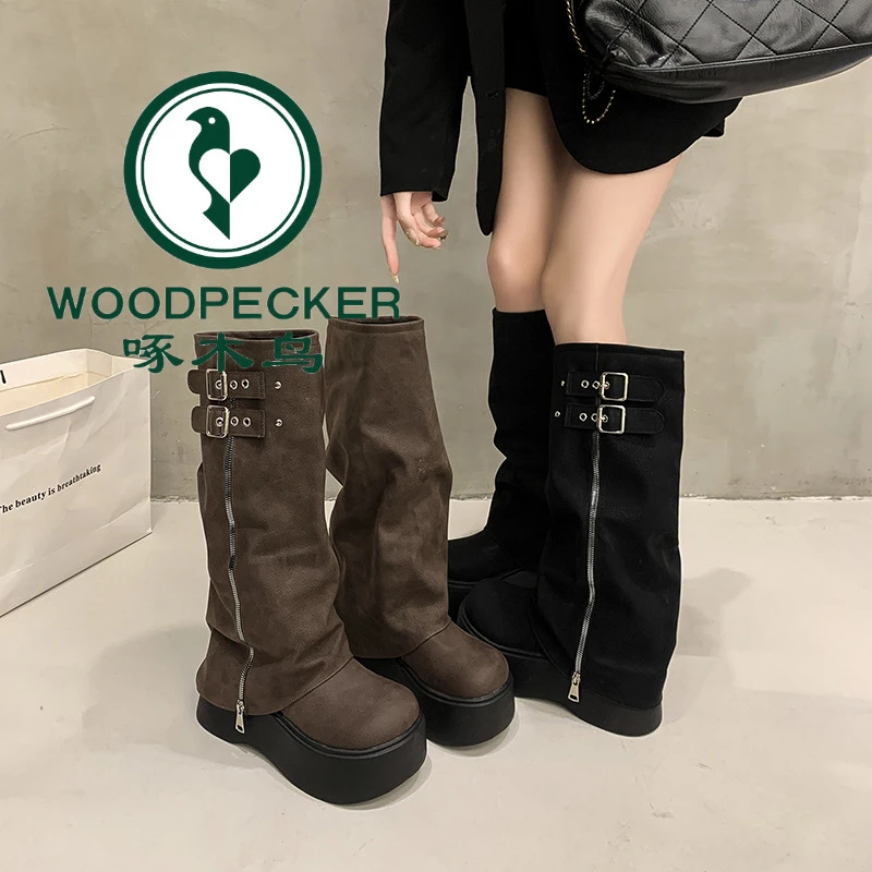 啄木鸟厚底增高骑士长筒靴女2025秋冬新款不过膝炸街小个子裤管靴