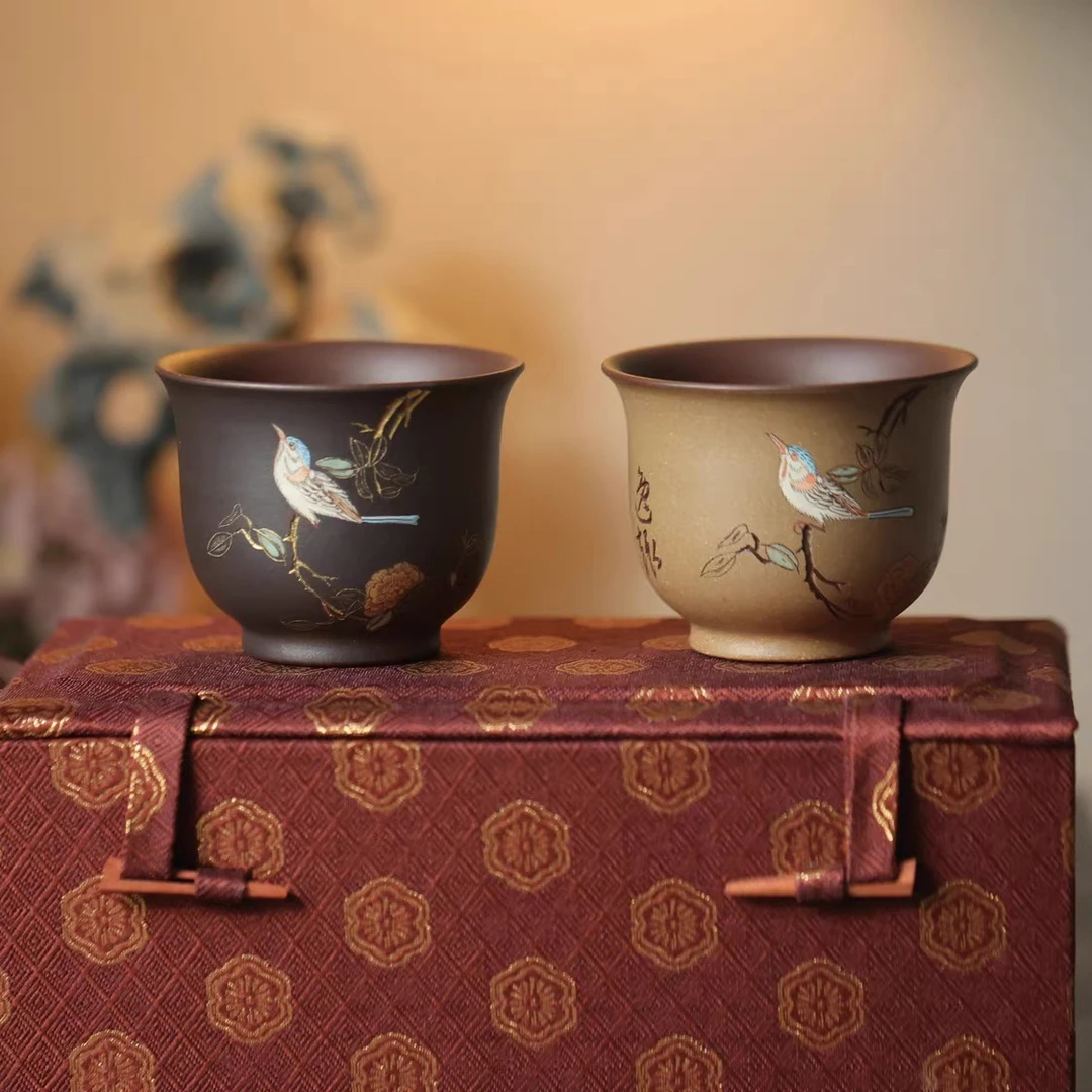 南街壶娘 喜上眉梢 对杯全手工泥绘原矿紫砂紫泥粉浆国风礼物150c