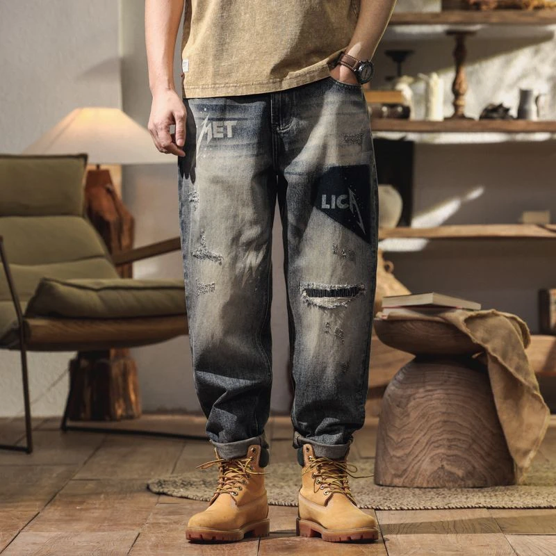 美式重磅水洗浅色牛仔裤男秋冬季破洞设计感直筒宽松复古休闲长裤