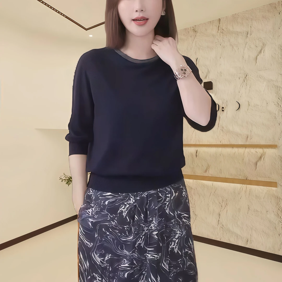 2025年春季新款休闲气质时尚百搭T恤女款7分袖圆领拼接套头衫