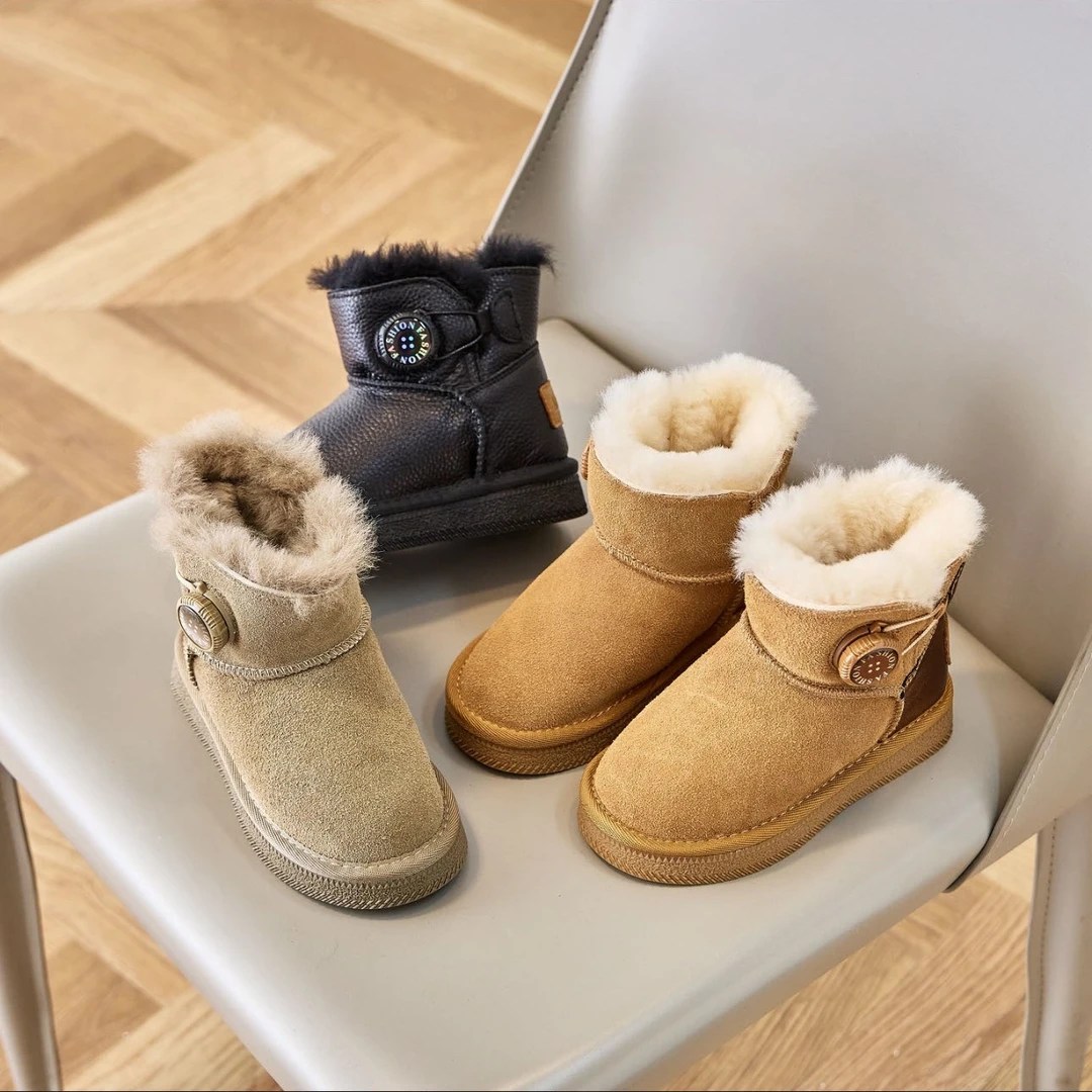 【牛皮+羊毛】冬季加厚纽扣雪地靴 儿童保暖靴 6126