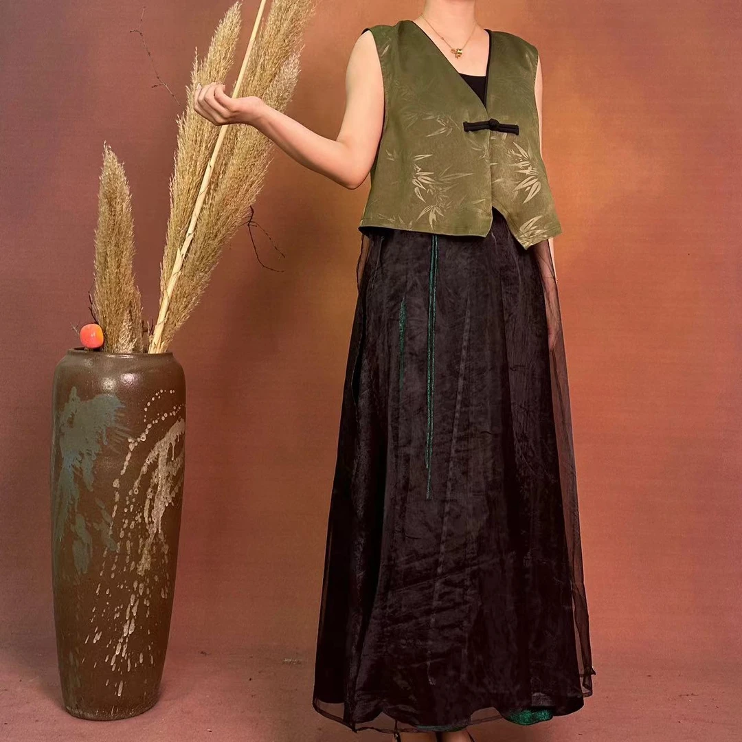 【大海轻奢】W24196新款抹茶绿拼纱盘扣设计师款时尚外披