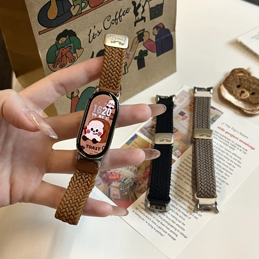 iboann适用于小米手环10表带9/8编织磁吸7/6/5/4卡通腊肠狗秋冬款