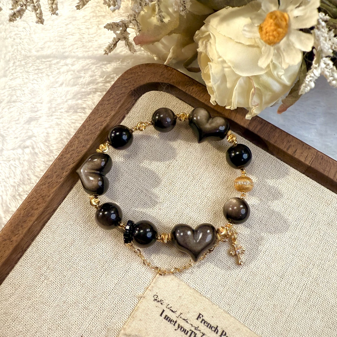 甜酷猫眼爱心黑曜石设计款流苏手串