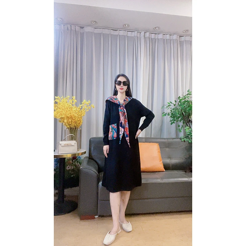 4320 早秋新款长袖连衣裙假两件丝巾领子大码女装中长款裙子
