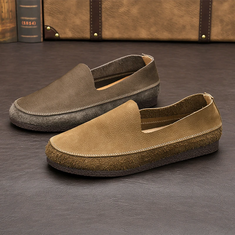 25年春夏新款男士百搭休闲头层牛皮鞋纯色拼接懒人一脚蹬乐福鞋