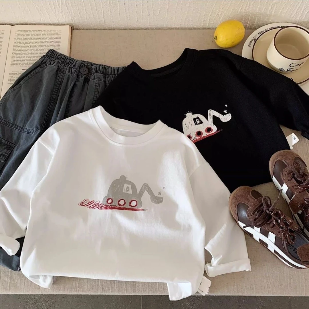 挖土机男女童纯棉T恤春秋季新款舒适百搭打底衫韩版时髦宝宝长袖t