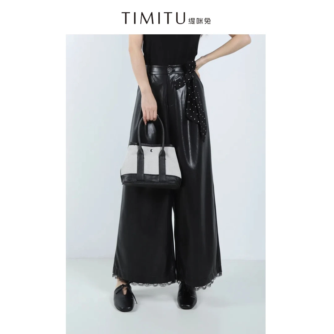 TIMITU缇咪兔韩系ins风波点丝巾腰带蕾丝花边直筒休闲裤34428001