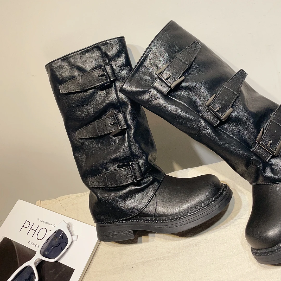 左左家女童秋季新款高筒靴英伦风褶皱时装靴百搭软底儿童长筒靴