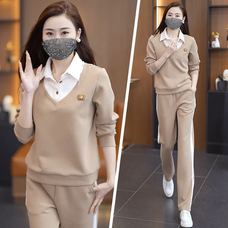 休闲跑步运动套装女晨跑服春秋洋气时尚小个子拼接减龄显瘦两件套