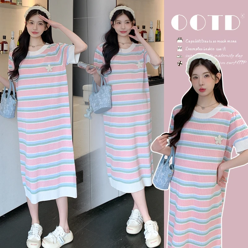 { 糕糕 }孕妇装2025夏季新款连衣裙彩色短袖针织裙温柔韩版显瘦