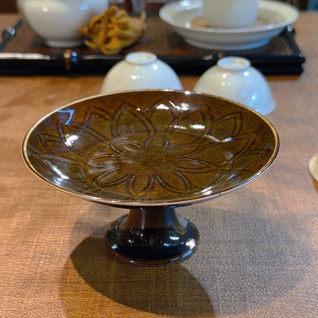 微瑕紫定高足盘 背面缩釉 13高6.5