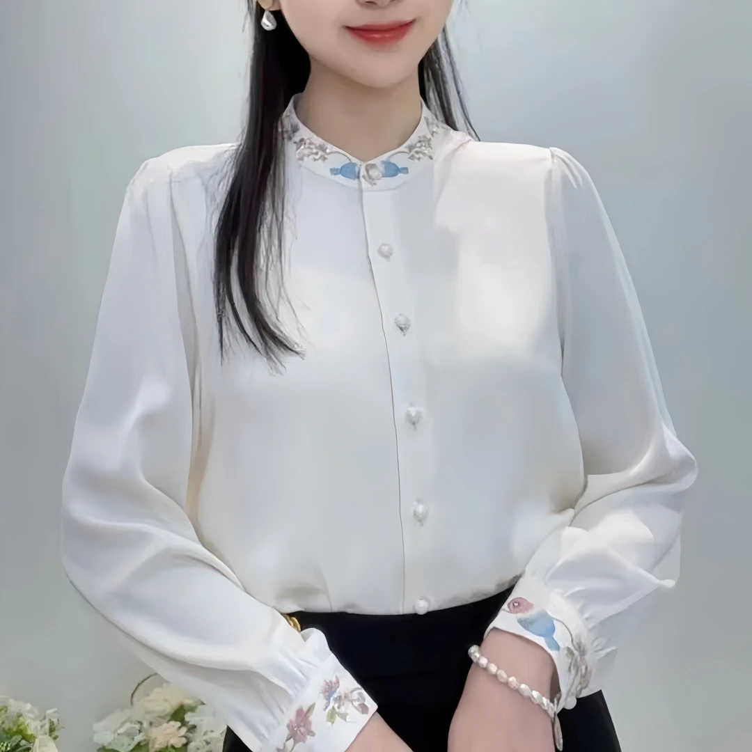 领口刺绣新款高档圆领时尚百搭气质上衣衬衫