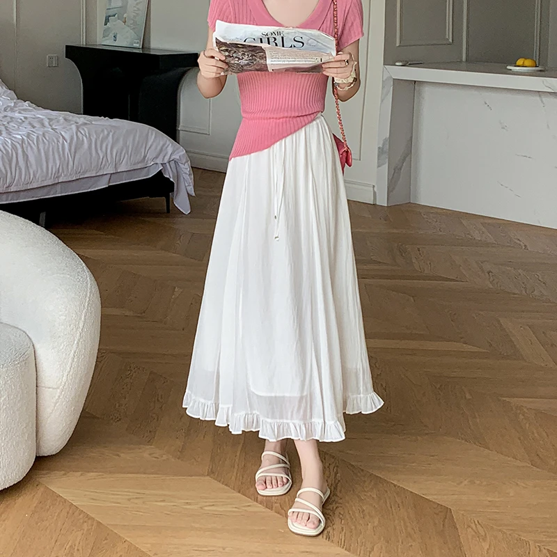白色中长款半身裙女2025夏新木耳边高腰仙女裙a字大摆长裙女