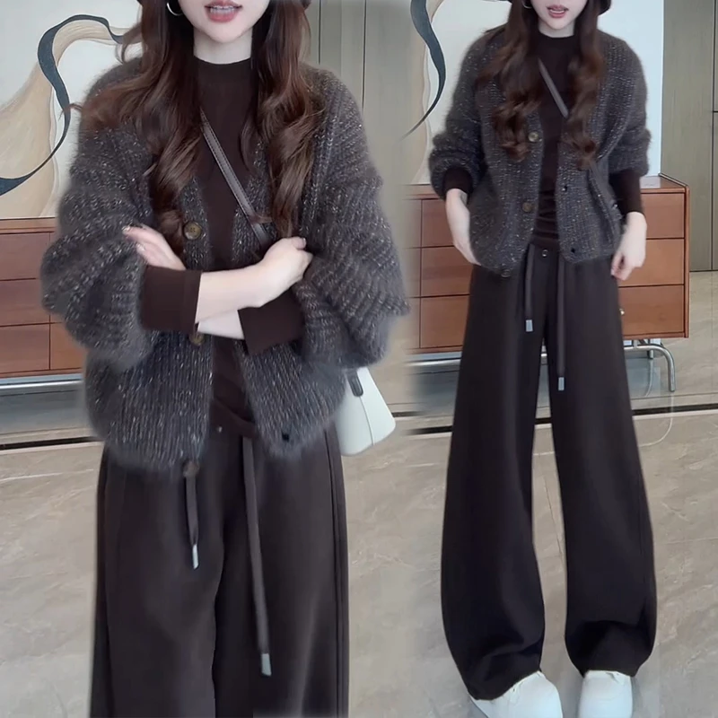 2025超火穿搭一整套女秋季新款针织开衫上衣宽松显瘦阔腿裤两件套