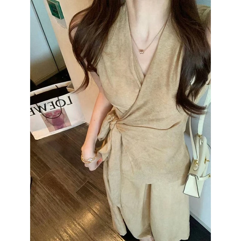 （6-8运贴）“艺术感套装”设计感一片式绑带无袖小衫+松紧高腰阔腿