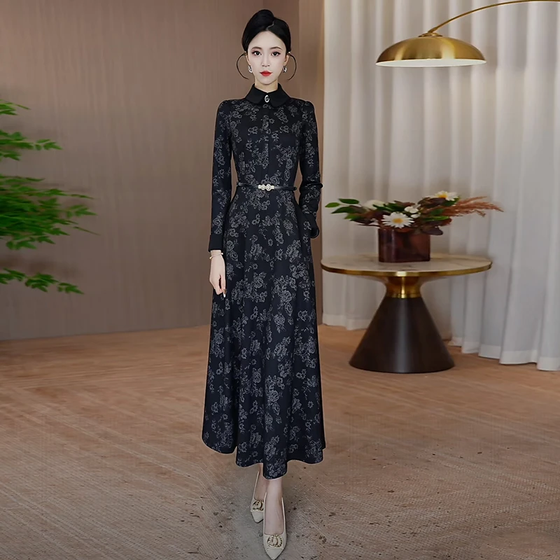 连衣裙女2025秋季新款修身显瘦气质长袖裙子时尚优雅轻奢收腰长裙