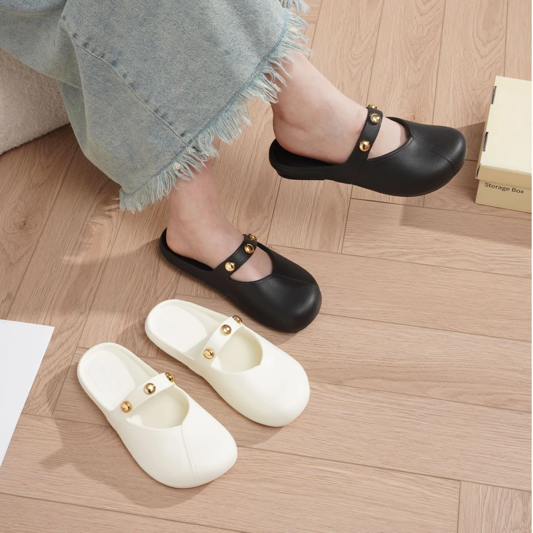 韩版半拖极简风软底舒适平底百搭复古网红包头凉拖包头拖低跟防滑