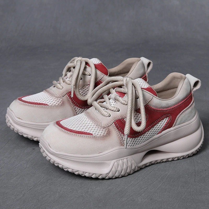 头层牛皮网面透气厚底老爹鞋女2025春季运动休闲鞋女舒适软底单鞋