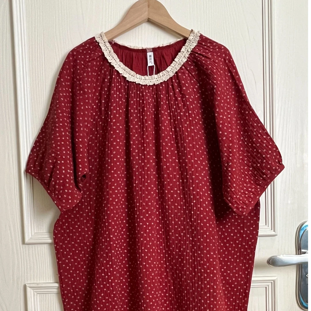 100%纯棉棉纱短袖长裙红色宽松舒适时尚圆领均码泡泡袖