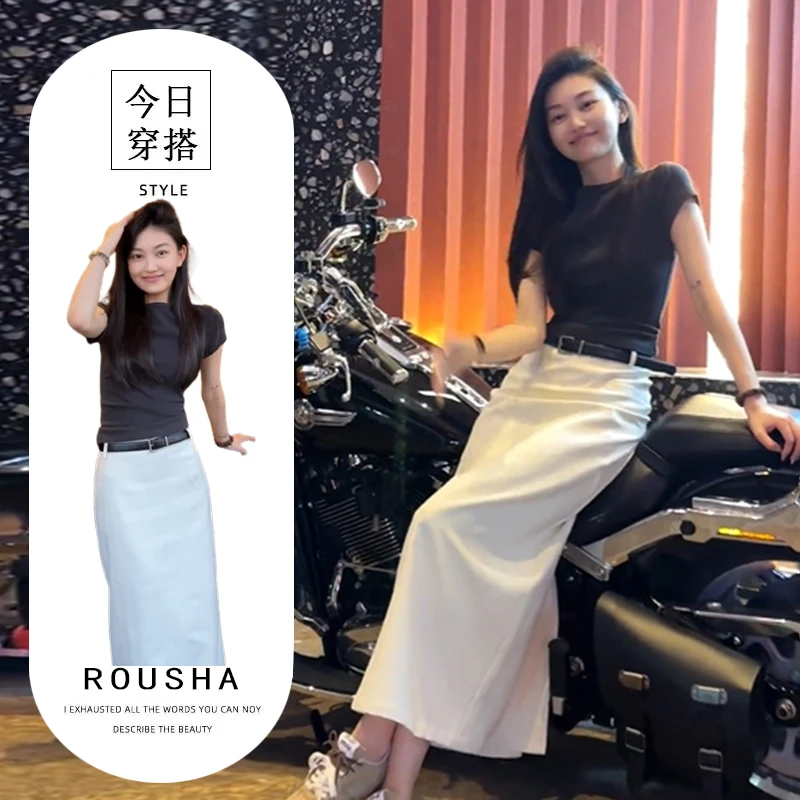 2025夏季时尚休闲套装女黑色修身短袖上衣白色气质半身裙两件套装