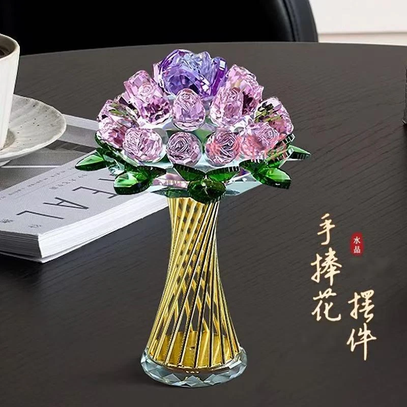单只礼盒装-轻奢粉色水晶玫瑰手捧花摆件订婚结婚装饰品