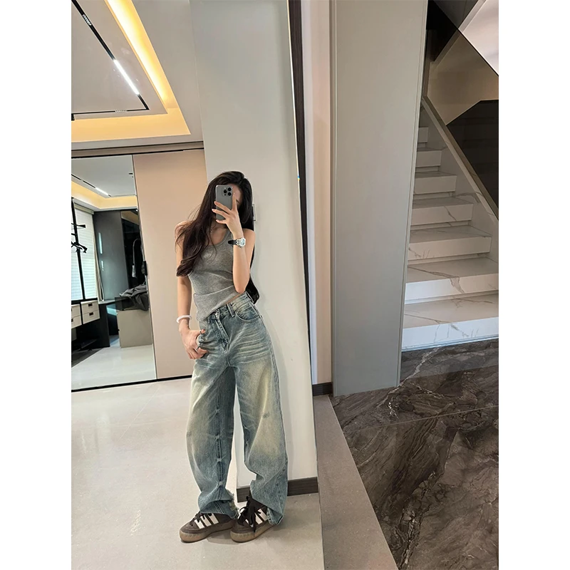 【清仓福利】KSKM蓝色破洞牛仔裤女2025春季设计感高腰显瘦直筒裤子