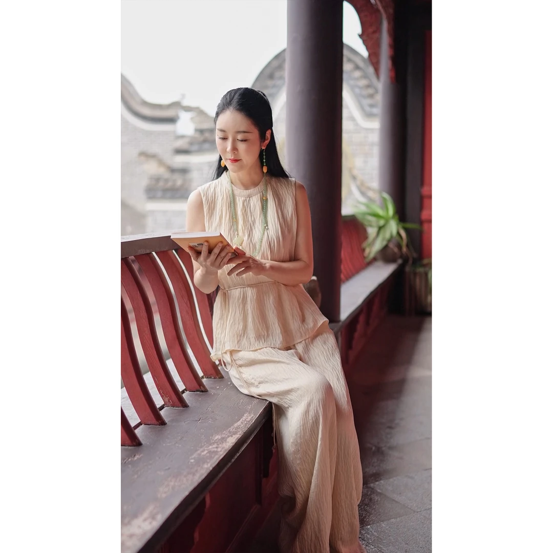 【月梦落】夏季新中式休闲风纯色时尚通勤显瘦长款套装