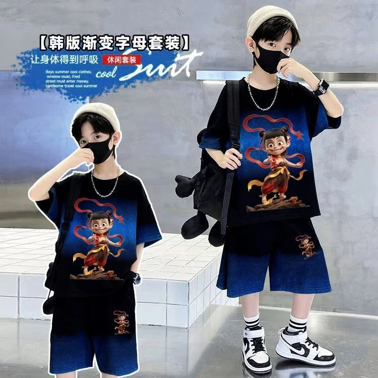 哪吒之魔童闹海男童短袖短裤套装中大童2025夏季卡通国潮夏装衣服