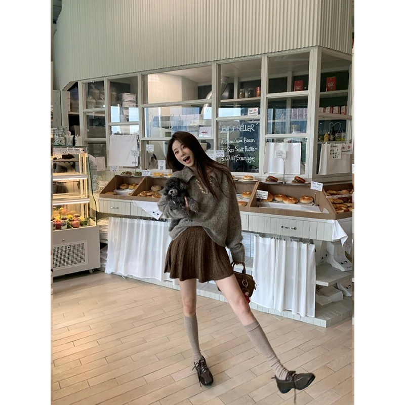 2024冬季新款高级感时尚软糯舒适针织衫高腰百褶半身裙包臀短裙女