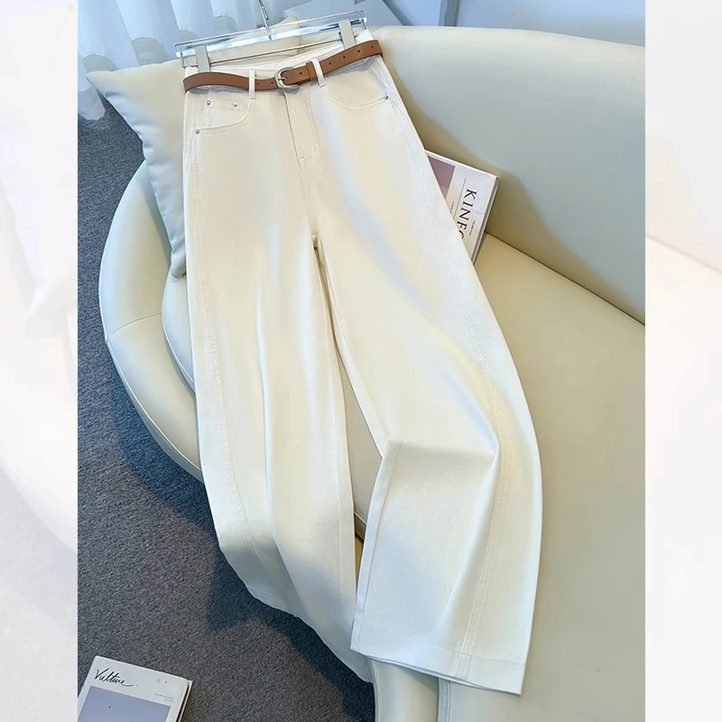 拉夏贝尔韩系白色简约阔腿牛仔裤女夏季2025年新款宽松显瘦直筒裤